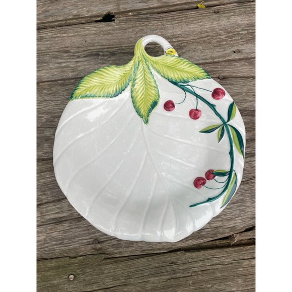 Vintage Italy Ceramic Serving Plate Leaf Shape & Cherries - Picture 7 of 12